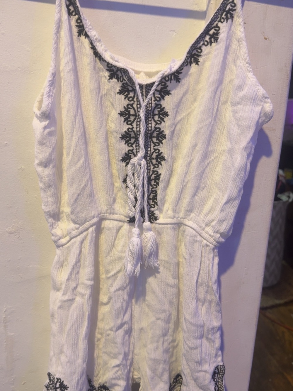 White Romper with Black Embroidered Trim and Tassel Tie